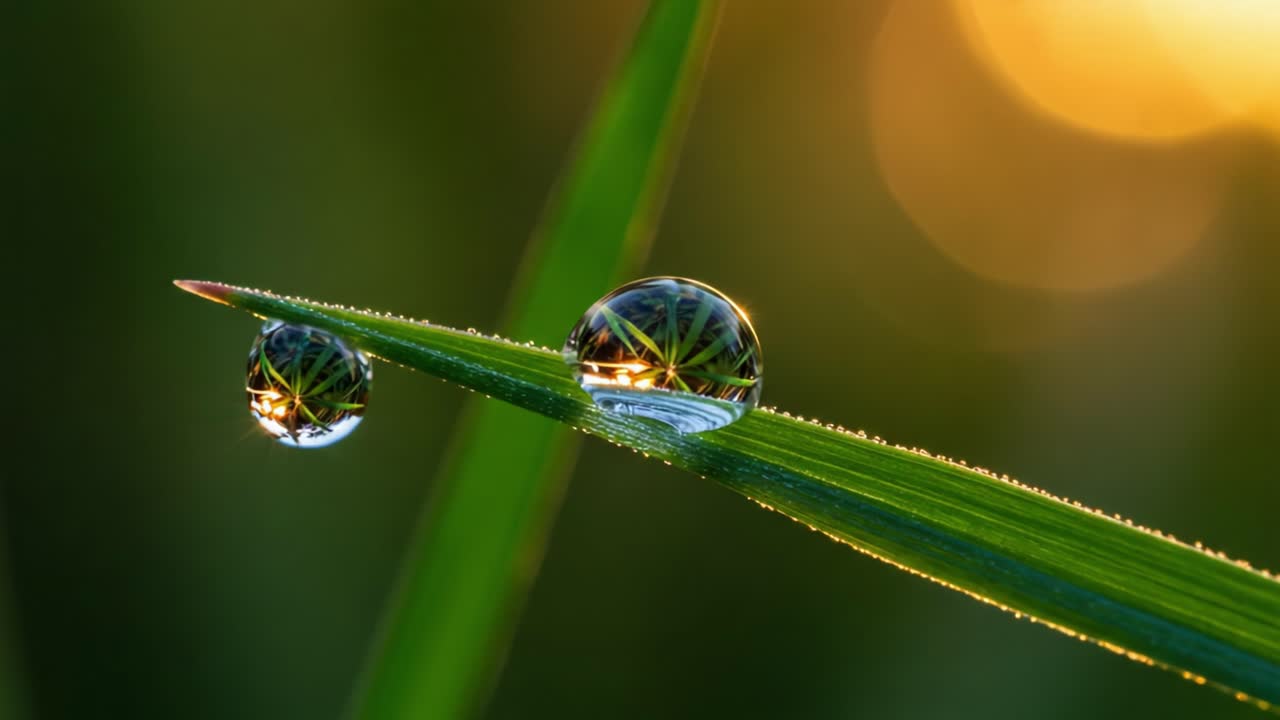 Nature's Beauty Captured: A Close-Up of Dew Drops on a Blade of Grass, Reflecting Soft Light and Vibrant Colors in the Morning Glow