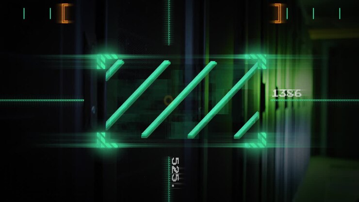 Animation of data processing and scanner over server room