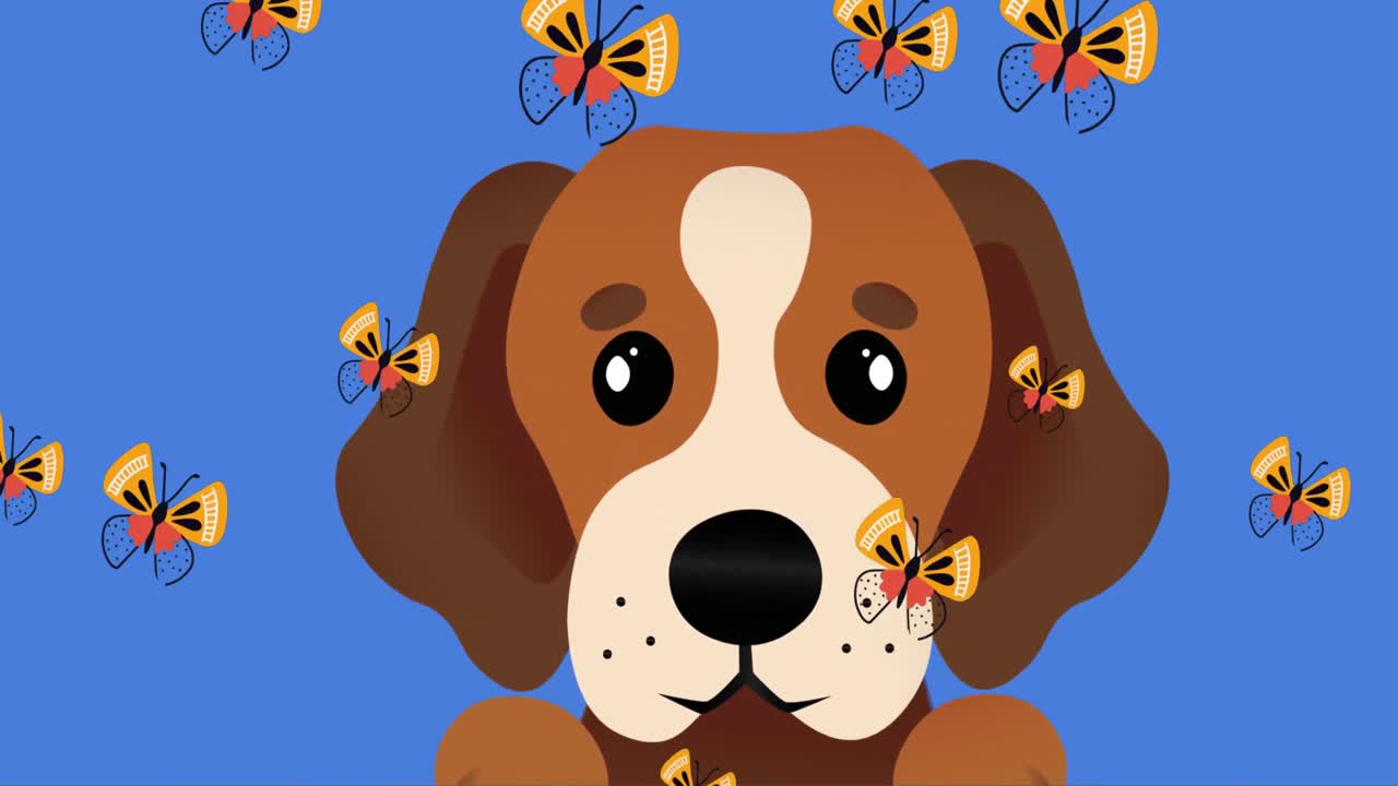 animación digital de varias mariposas flotando sobre el icono de la cara del perro sobre fondo azul