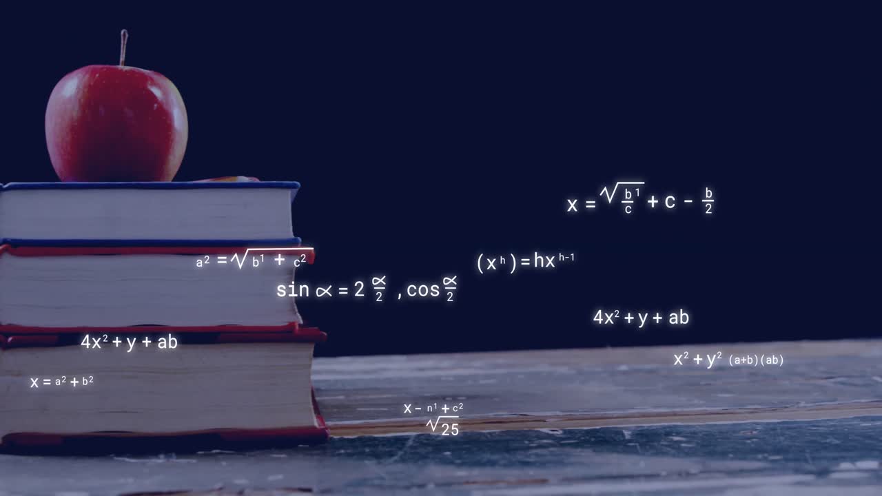 Animation of mathematical equations over books and apple on black background
