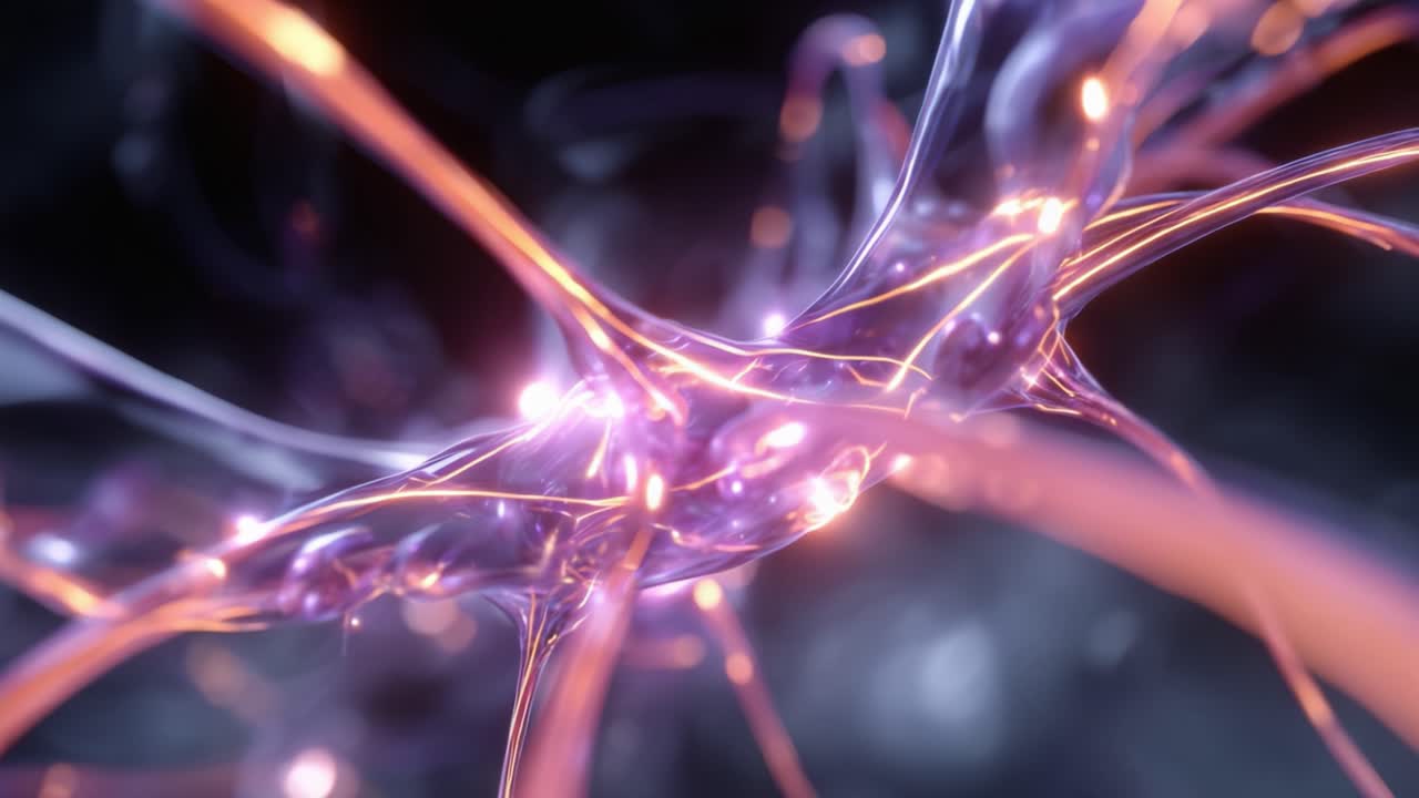 Intricate Network of Glowing Neurons: A Stunning Representation of Neural Connections and Biological Activity in a Vibrant, Abstract Visualization