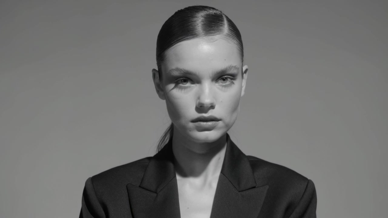 Modelo feminina gira a cabeça em direção à câmera após um sinal do estúdio para um retrato, usando blazer escuro.