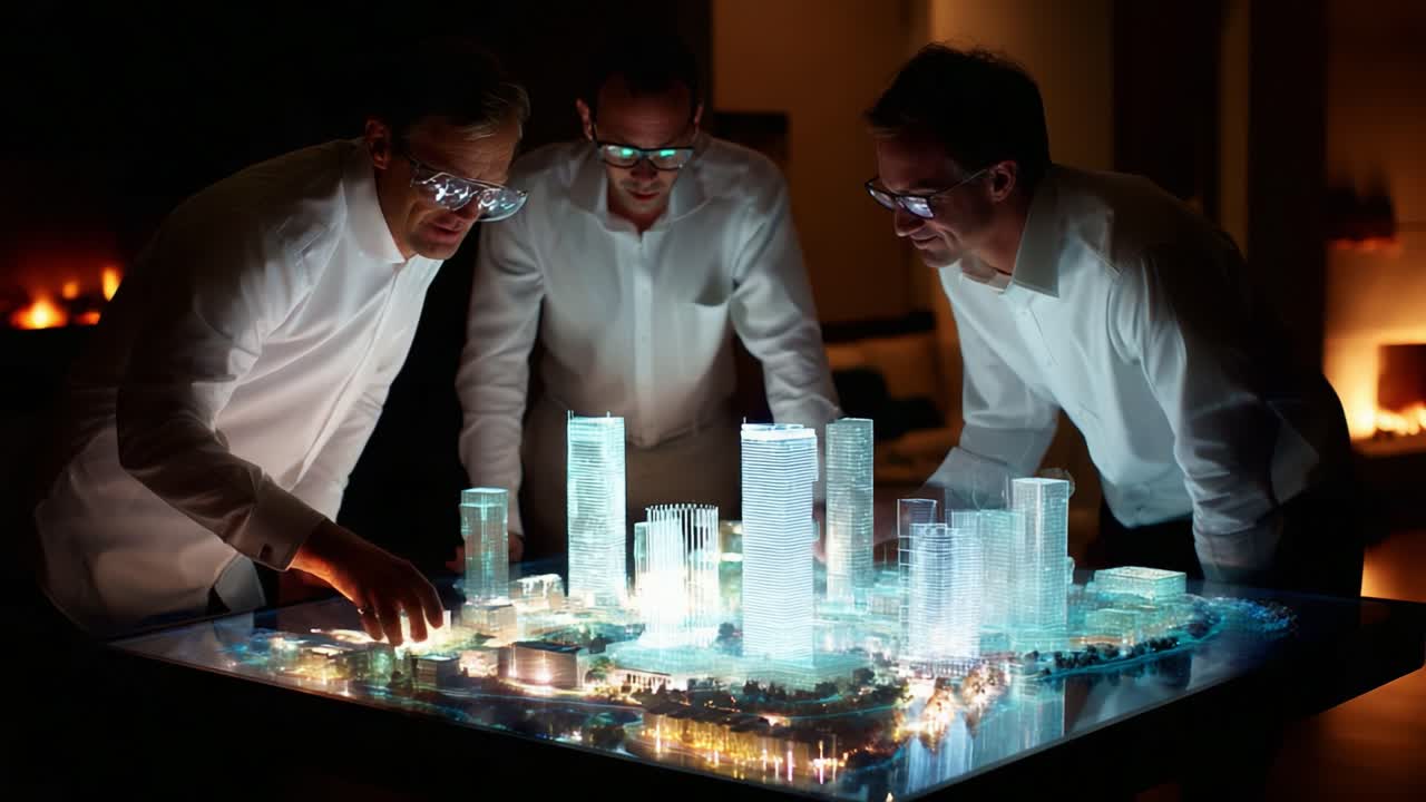 Innovative Urban Planning: Three Professionals Collaborating Over a Transparent City Model, Exploring Architectural Concepts and Designs for the Future in an Engaging Workspace Environment