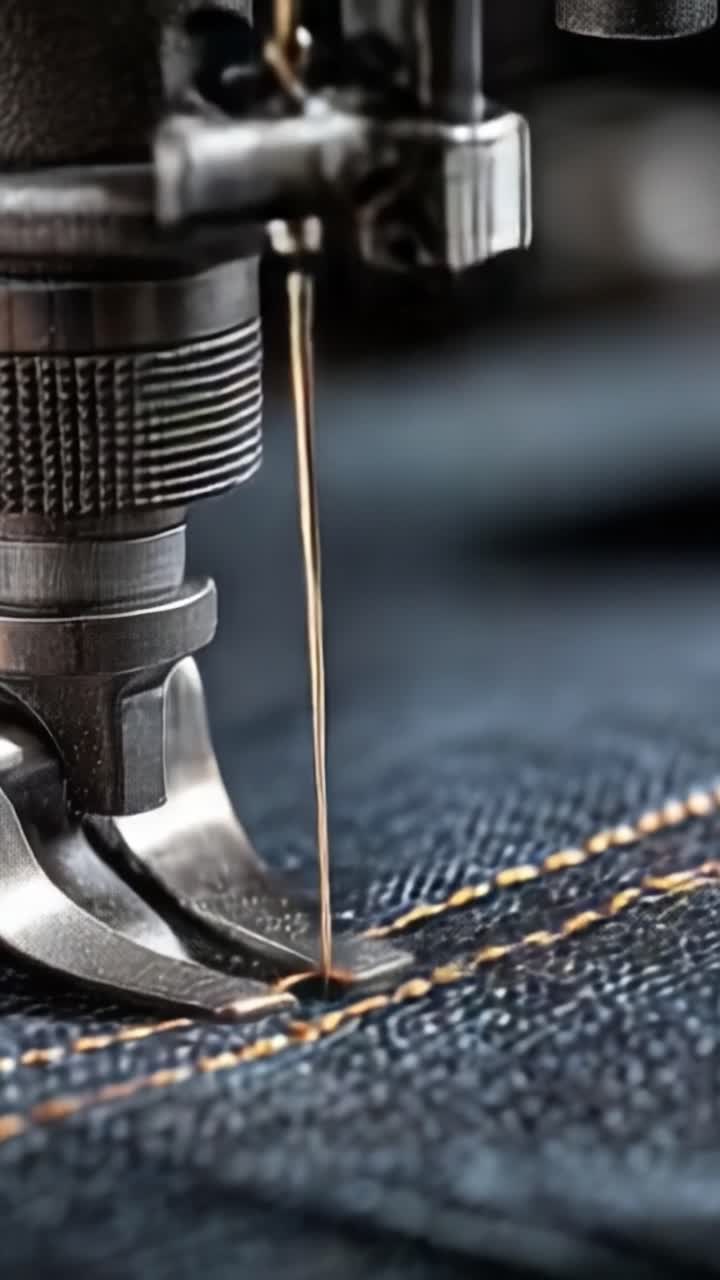 An Up-Close Look at a Sewing Machine Needle Skillfully Stitching Through Denim Fabric, Capturing the Art of Precision in Apparel Crafting