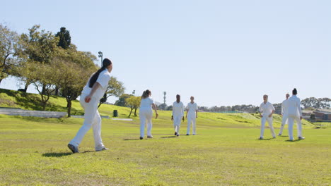 playing cricket on sunny day, women enjoying outdoor sports activity