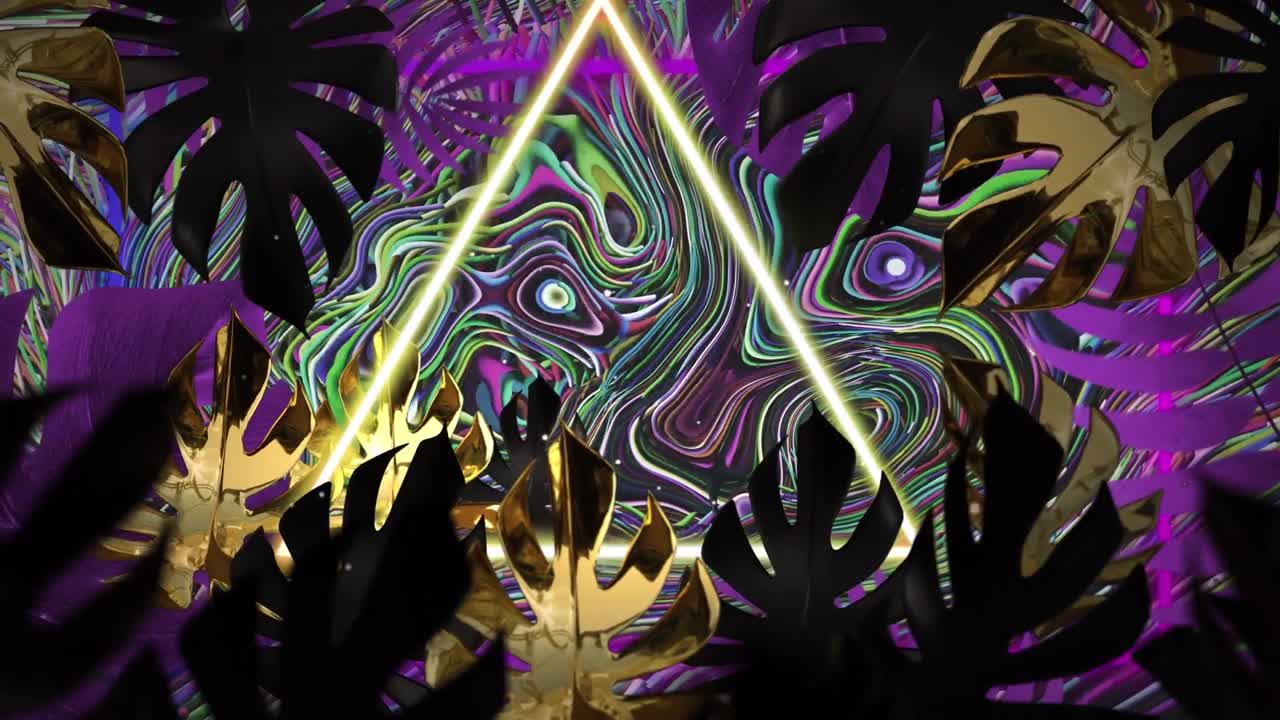 밤에는 잎과 박이는 네온 삼각형이 다채로운 액체 소용돌이 배경 위에