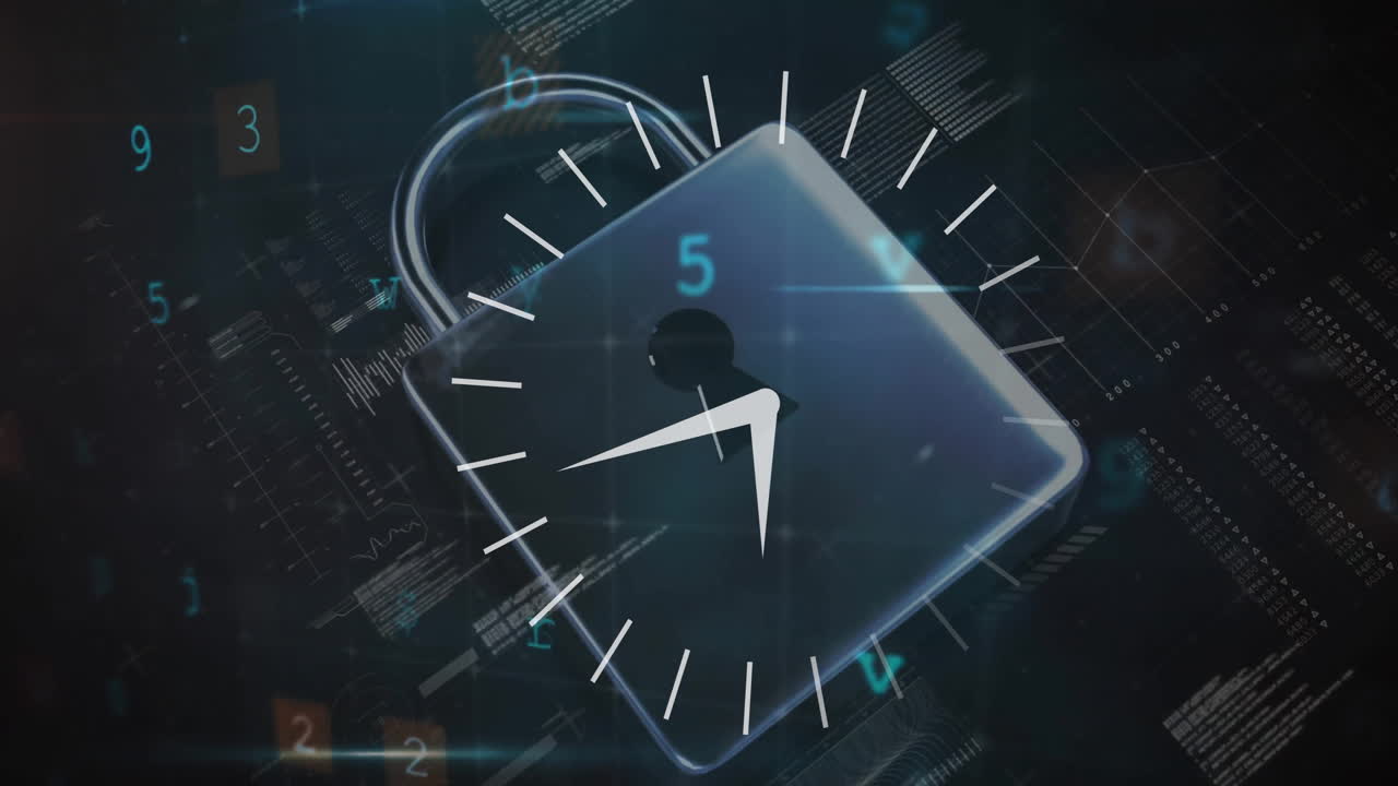 Animation of data processing with padlock icon on black background