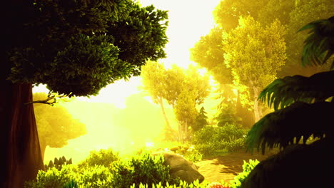 la luz del sol fluye a través del bosque verde y exuberante en la hora dorada.