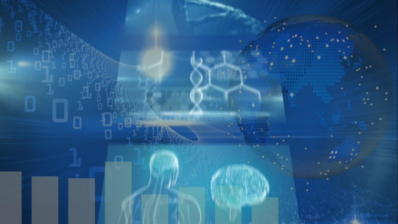 데이터 처리의 애니메이션과 파란색 배경 위의 지구