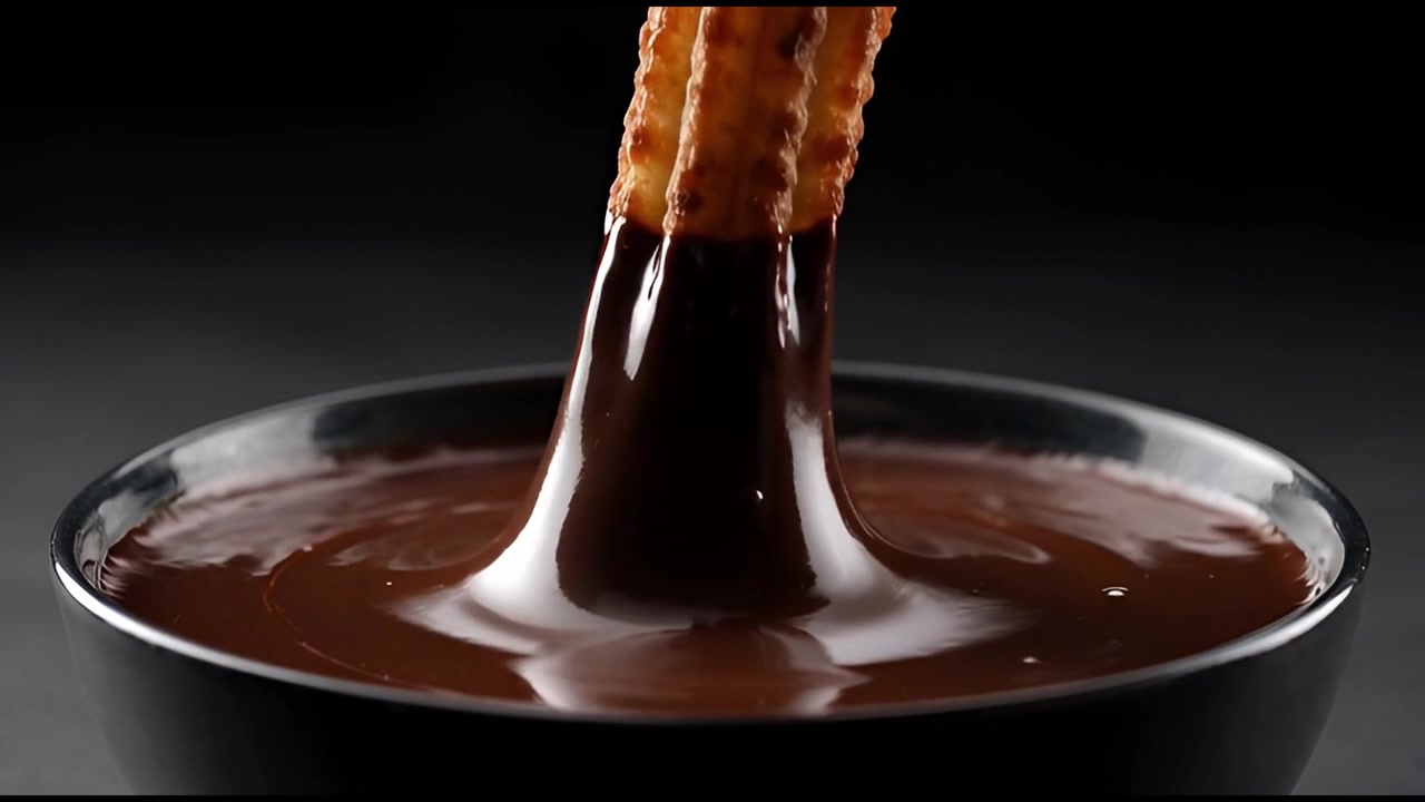 Churro immerso in una ciotola di cioccolato fuso