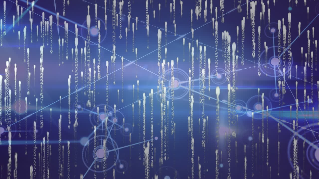 Animation of glowing network of connections with falling light trails, on black