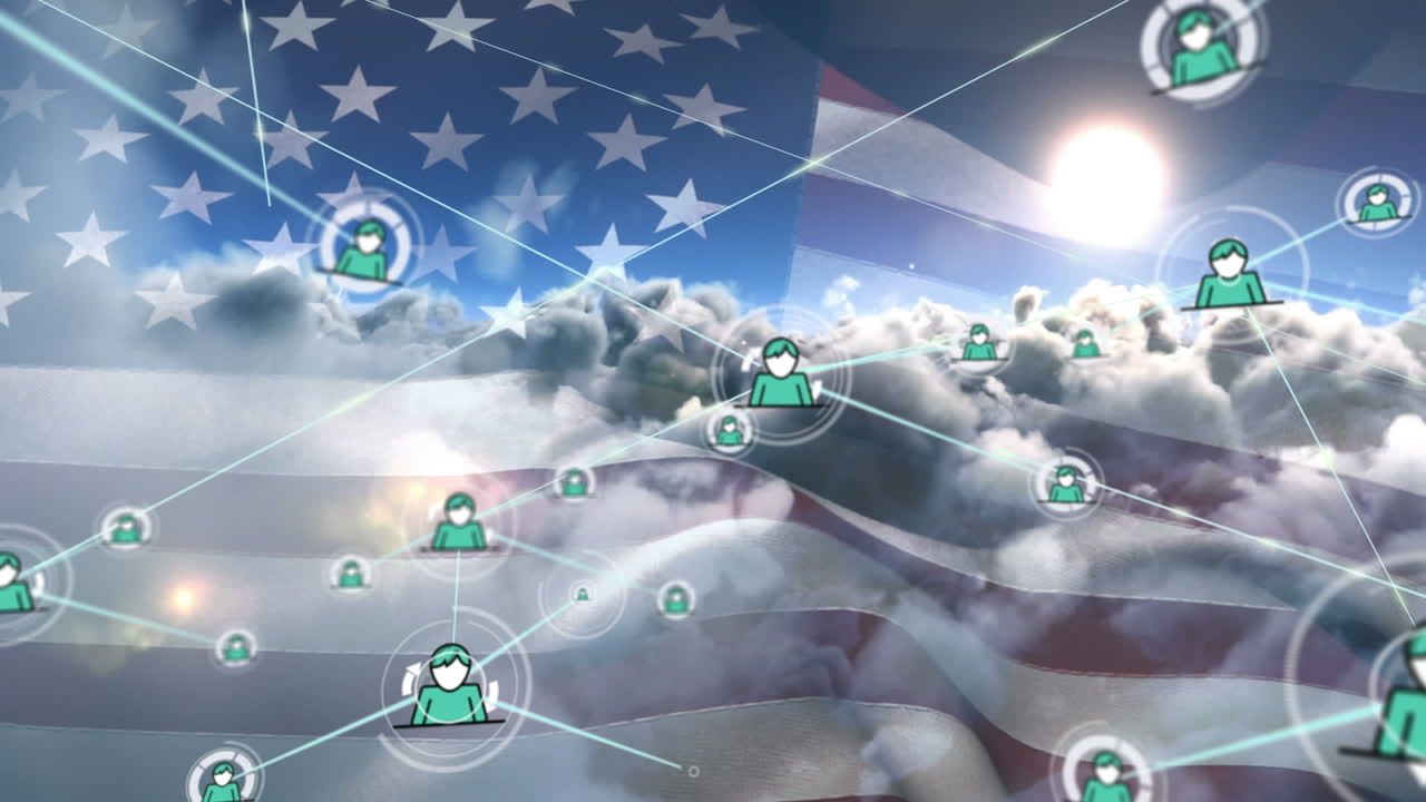 red de iconos de perfil sobre agitando nuestra bandera contra las nubes en el cielo