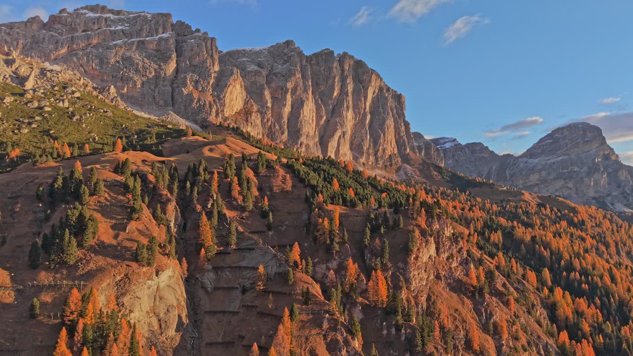 Bosco autunnale luminoso nelle Dolomiti all'alba, ripresa aerea sopra il Passo Gardena.