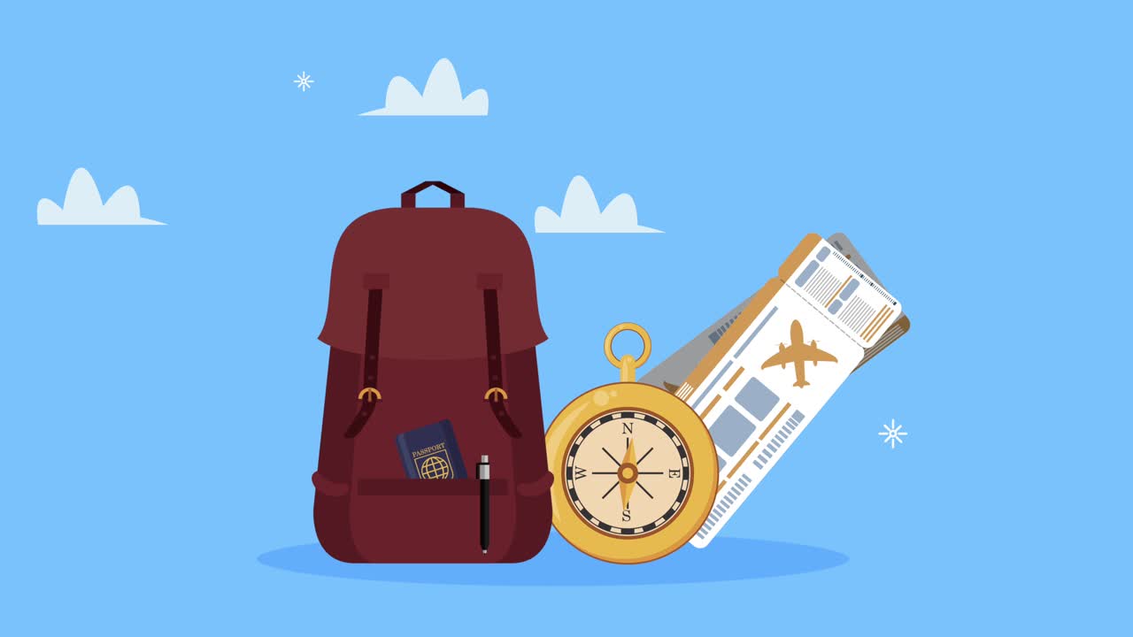 여행 가방과 액세서리와 함께 시간 여행 애니메이션