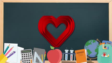 animación de un corazón rojo sobre los iconos de los artículos escolares