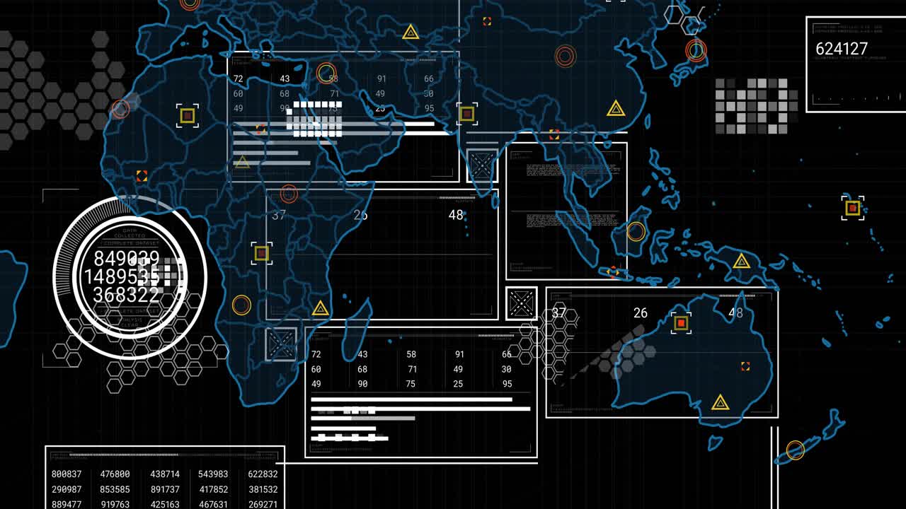 Animating futuristic global map interface on grid, highlighting panels linking icons to coordinates