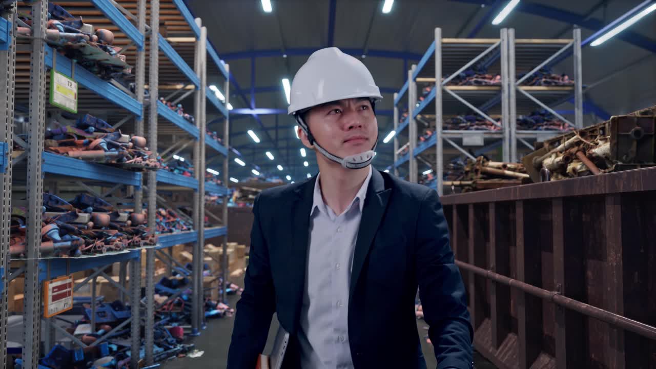 Vista frontale di un uomo d'affari asiatico che tiene un computer mentre cammina in un magazzino industriale di rottami metallici e riciclaggio.
