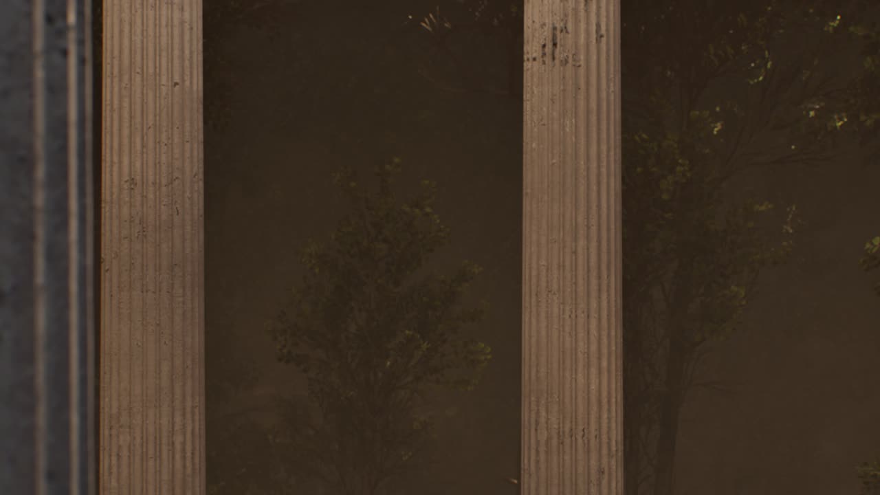 Ancient greek columns in a foggy forest at night