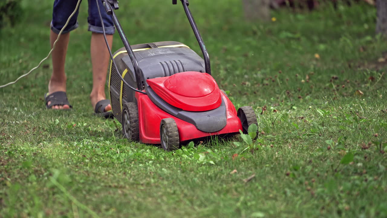 Lawn mower cutting green grass. Closeup of man mowing the grass with lawn mower