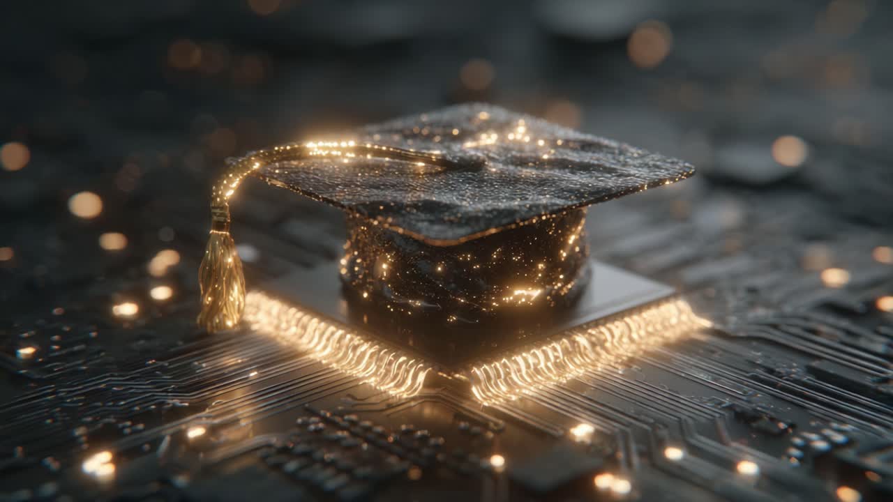 A Digital Graduation Cap Illuminating a Circuit Board with Glittering Lights and Electric Sparks, Symbolizing the Fusion of Education and Technology