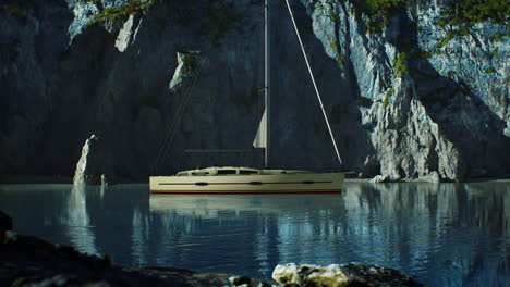 White-yacht-anchored-in-a-bay-with-rocky-cliffs