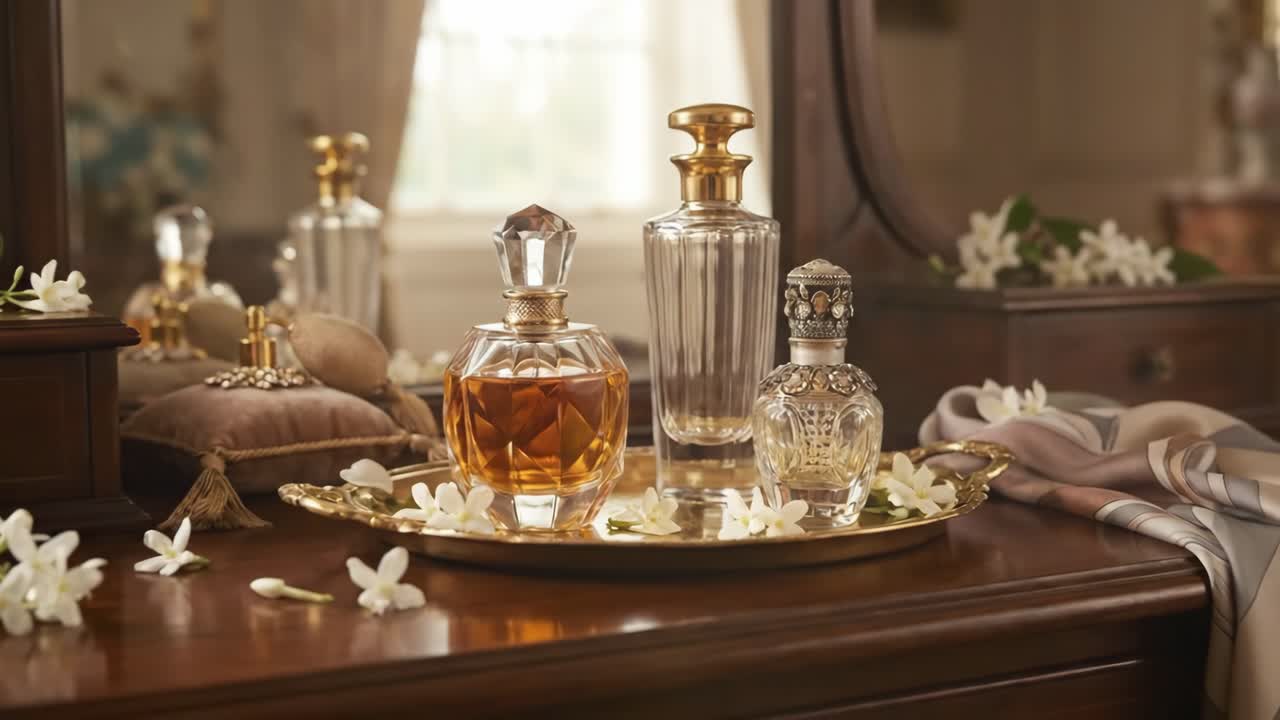 Eleganti flaconi di profumo e fiori di gelsomino su una toeletta vintage