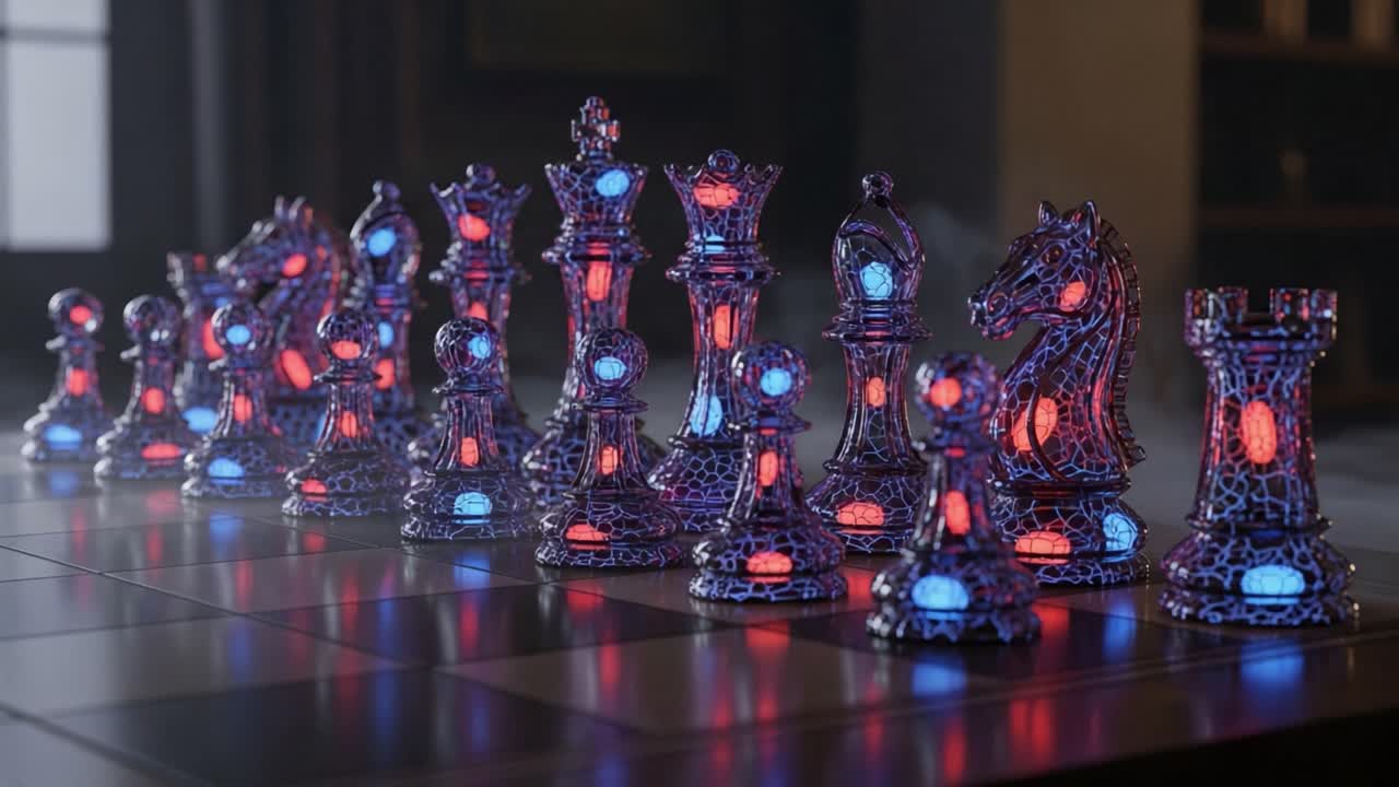 A Stunning Transformation of a Chess Set: Illuminated Pieces Evolve from Vibrant Colors to a Warm, Elegant Glow