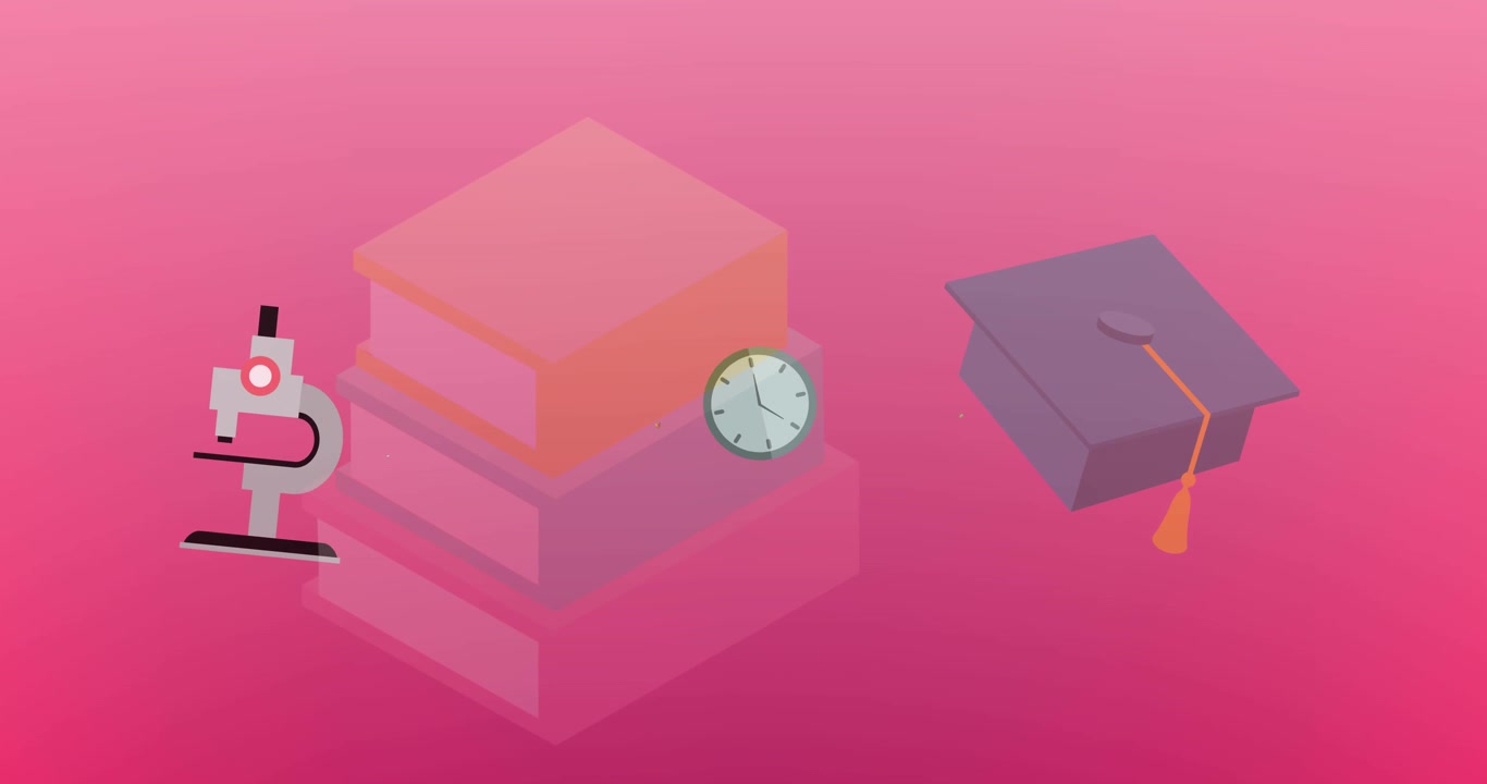 Animation of coloured school related icons falling and disappearing on pink background