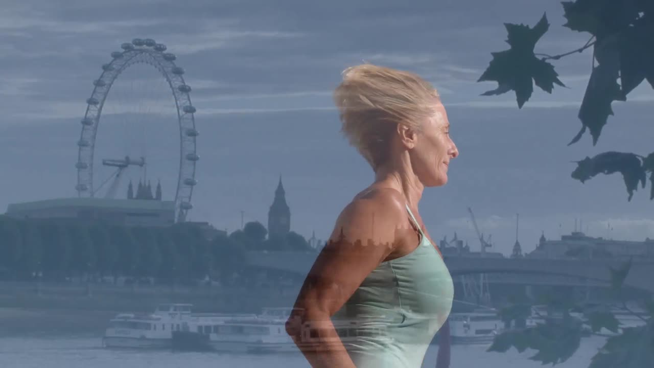 런던의 도시 풍경 위를 달리는 백인 여성 러너의 애니메이션