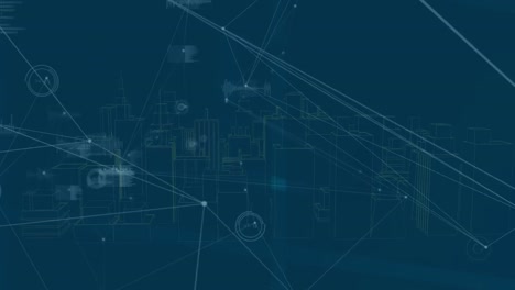 animación de puntos conectados con líneas e iconos de gráficos sobre un modelo 3d de ciudad sobre un fondo abstracto