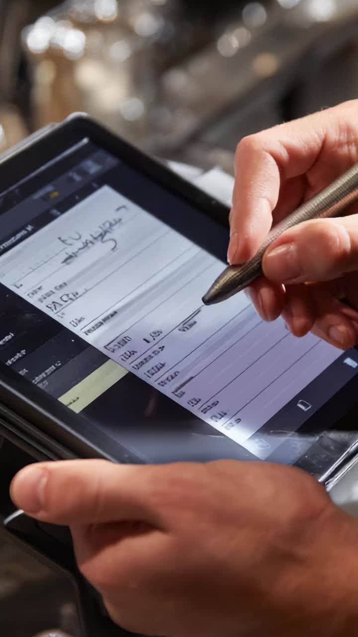 Appunti digitali dettagliati con uno stilo su un tablet: acquisizione di informazioni importanti in un ambiente di lavoro moderno