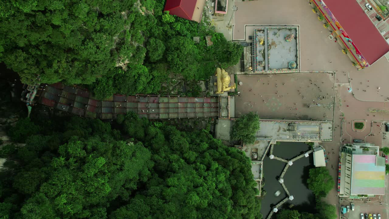 Top down drone shot of the Batu Caves in Malaysia.