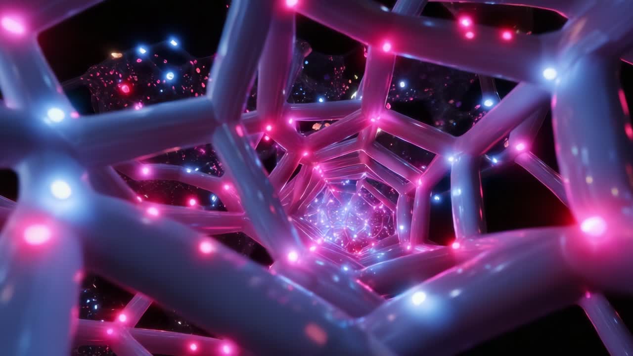 Exploring the Depths of a Vibrant, Ethereal Network: A Journey through an Intricate Web of Illuminated Structures and Cosmic Lights Representing the Fusion of Science and Imagination