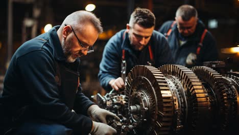 skilled technicians repairing industrial machinery in a workshop