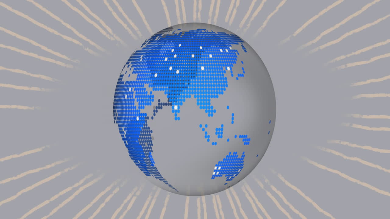 파란색 디지털 지도와 방사선 애니메이션으로 회전하는 지구