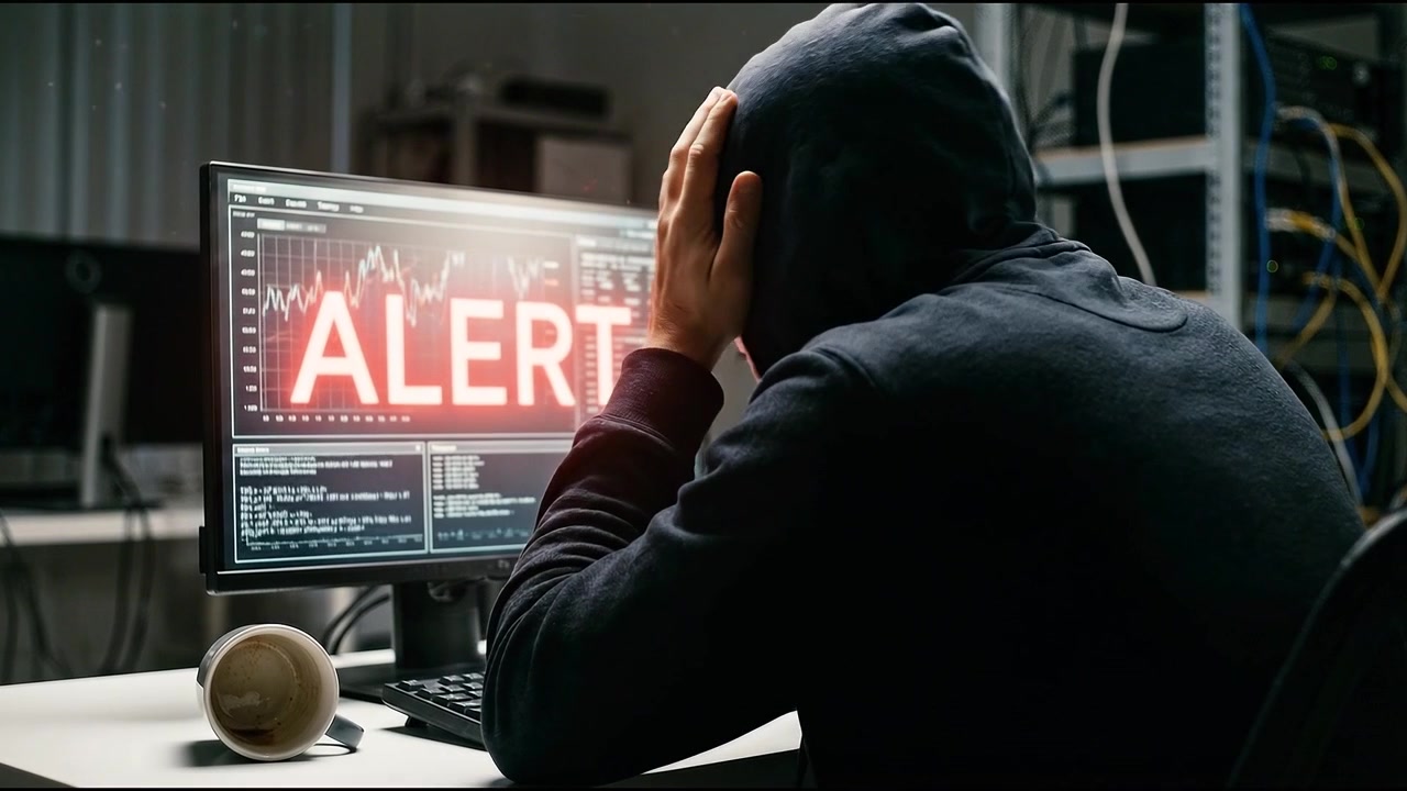 Hacker stressato con felpa con cappuccio che guarda un avviso sullo schermo del computer