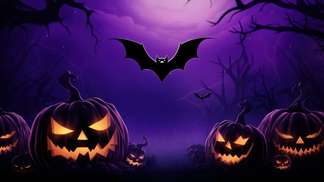 Eerie Halloween scene with glowing pumpkins under a purple sky