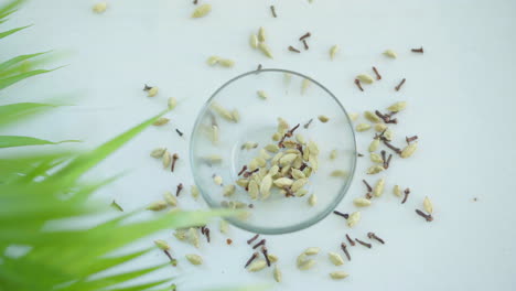 top shot of spices mix falling in a glass bowl on white background