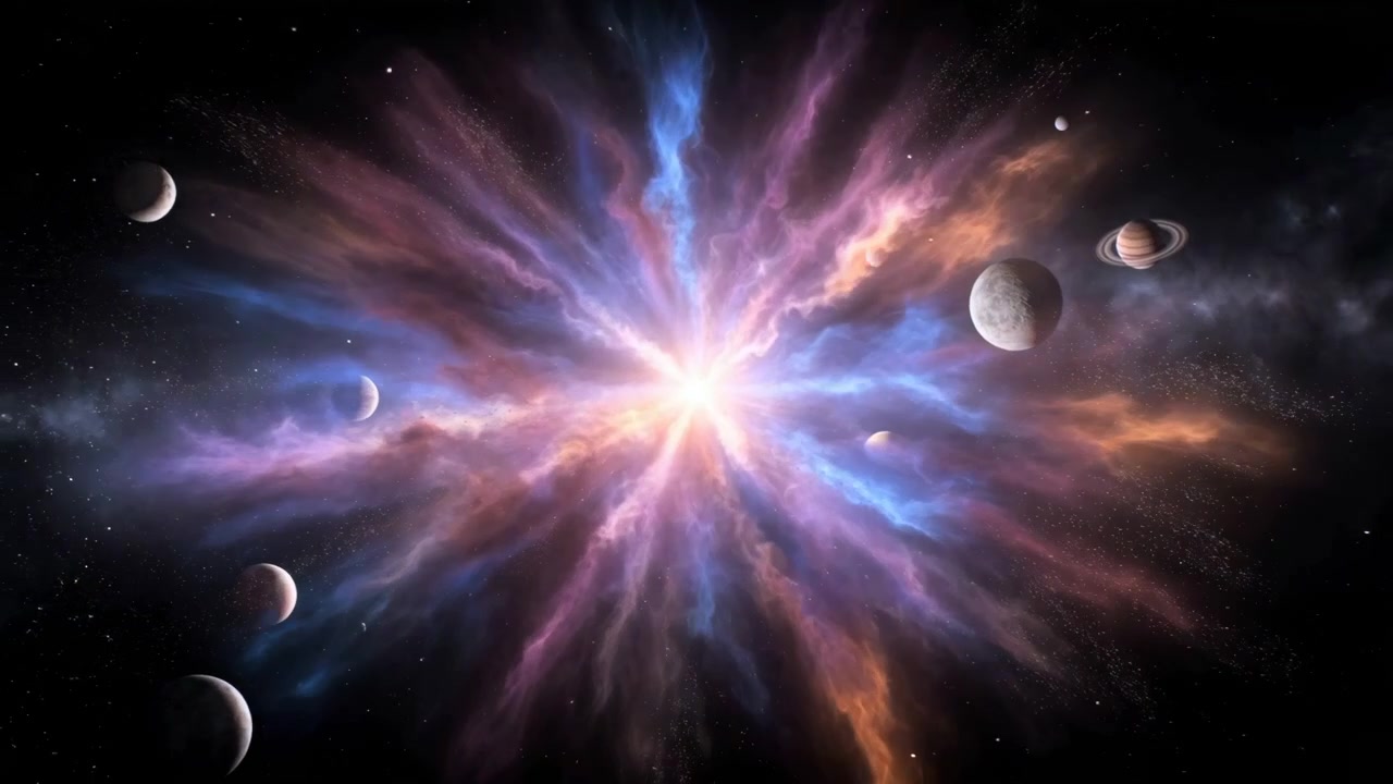 Dramatic panoramic space view showing intense stellar explosion at center of planetary system, with bright white core releasing radial plumes of blue, purple, and orange gas expanding through dark