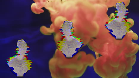animación de una escultura con interferencia y rastros de humo sobre un fondo negro