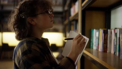 confident girl with curly hair in glasses makes notes in a notebook using a pen near shelves with books in the library