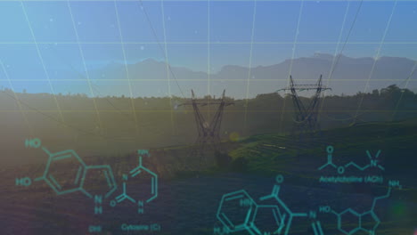 estructuras químicas con códigos de programa y un fondo de torres de transmisión