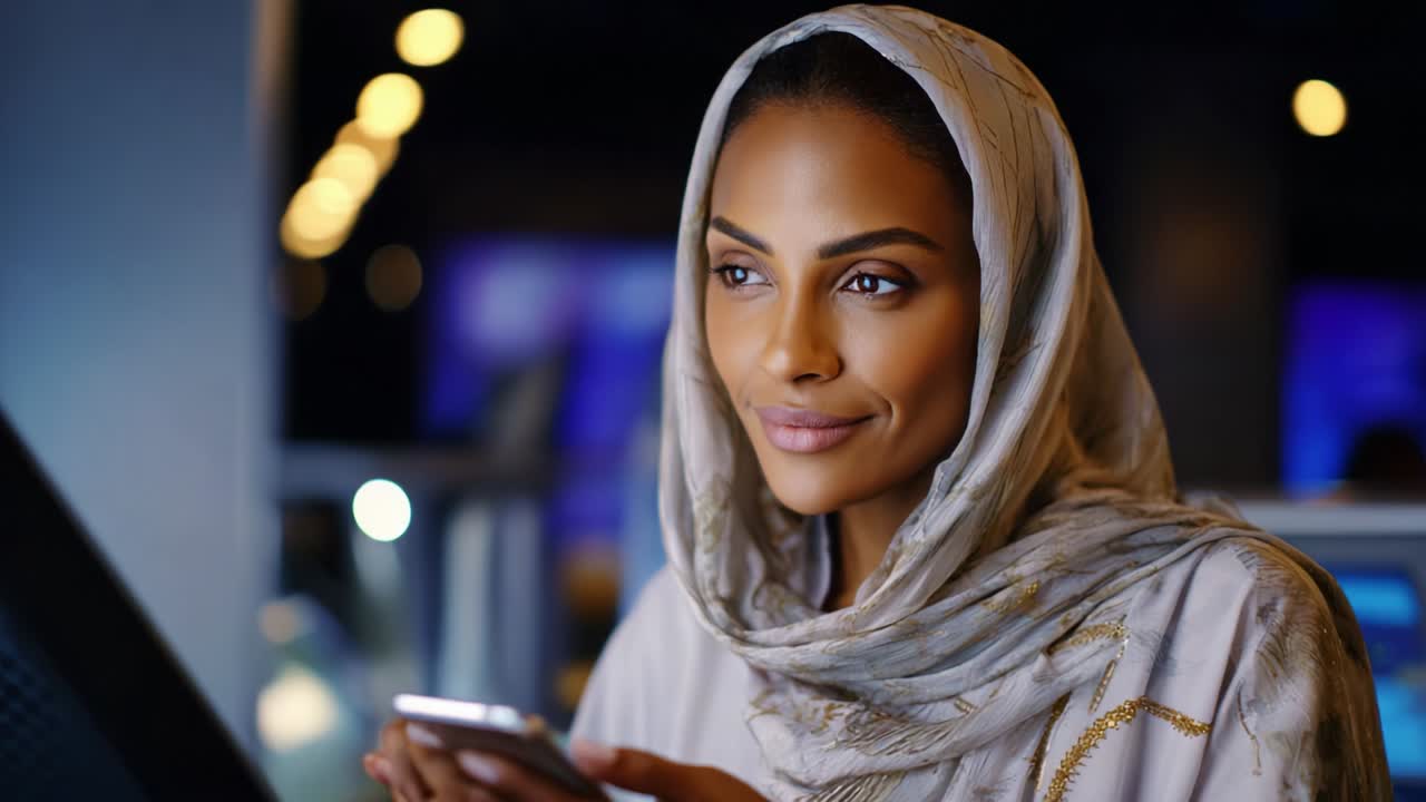 A contemplative woman wearing a stylish headscarf uses her smartphone in a modern environment, reflecting thoughtful engagement and a sense of connection in a digital age