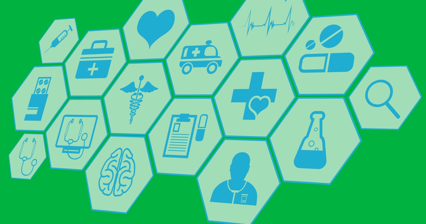 Digital animation of multiple medical icons on blue hexagonal shapes against black background
