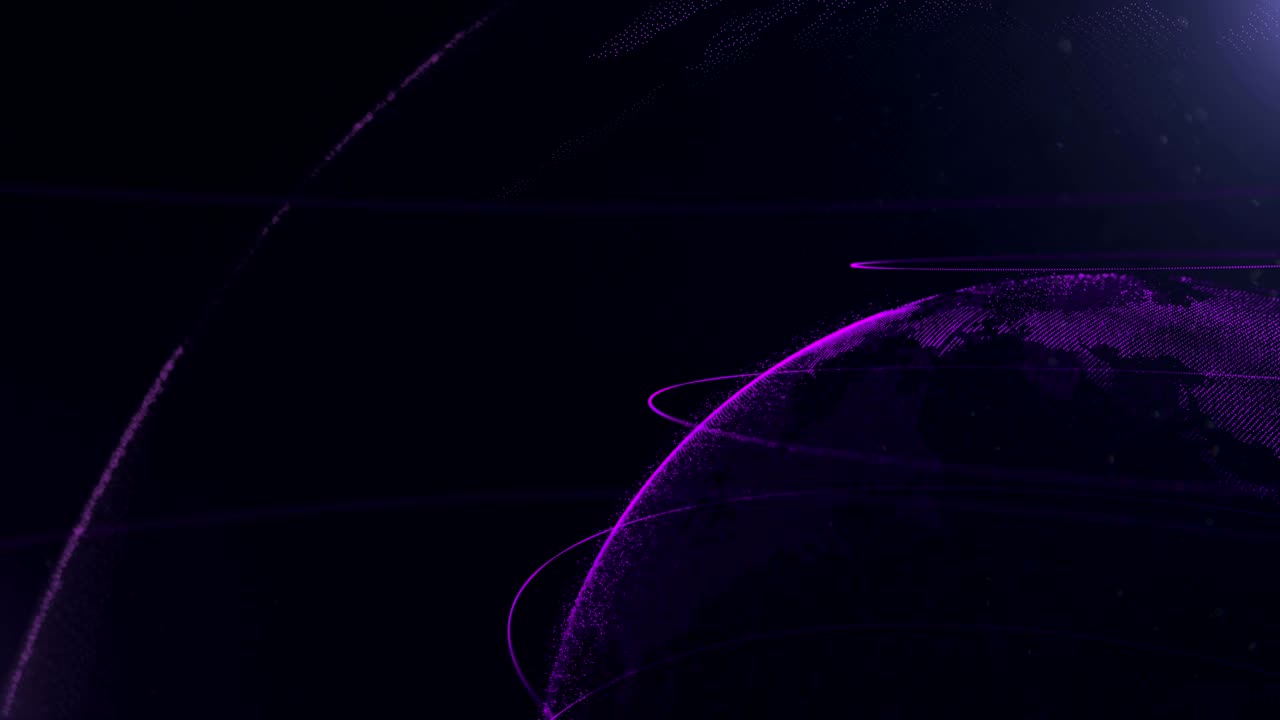 Abstract sphere. Connected violet dots with lines. Globalization interface. Dots accumulation. Close up. Planet is cropped and moving on the right corner. 4K.