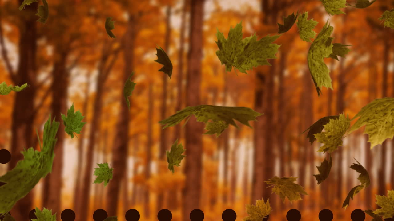 animación de hojas de otoño flotando contra los árboles en el parque con espacio de copia