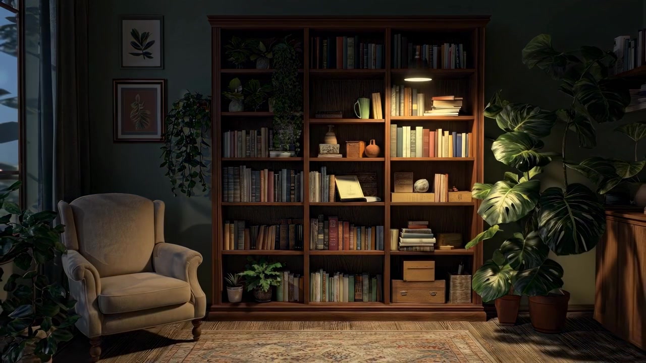 Cozy Home Library with Bookshelf and Armchair, Day to Night Transition