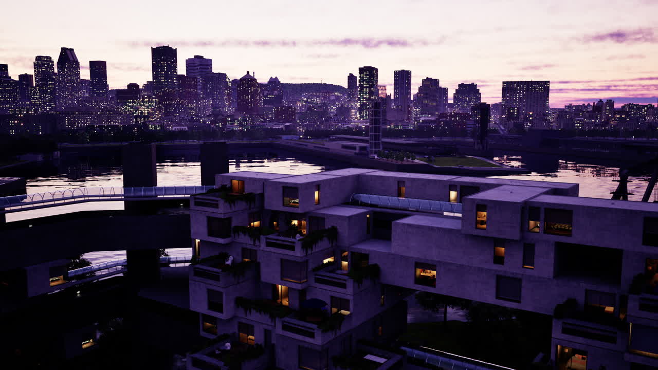 보라색 하늘과 반사와 함께 밤에 현대적인 도시 풍경