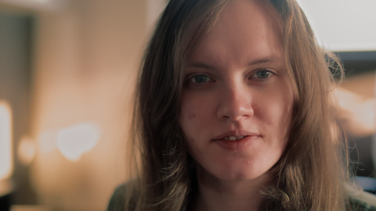 bela mulher branca com olhos azuis soprando um beijo na câmera dentro de seu apartamento durante um nascer do sol da hora dourada em câmera lenta