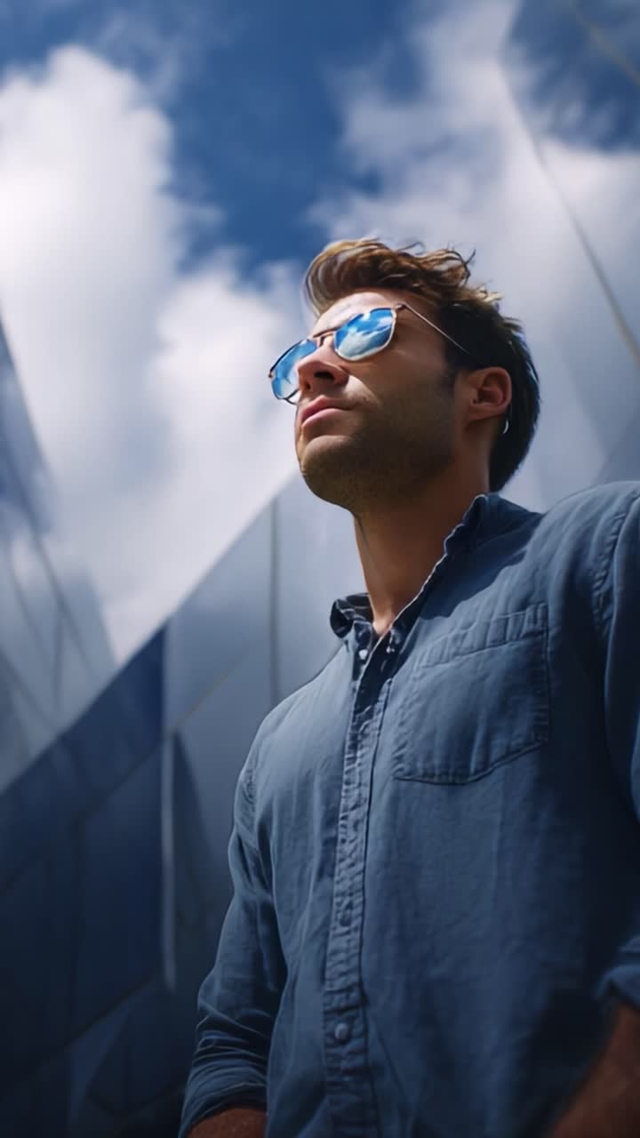 Man with Sunglasses Looking Up at the Sky